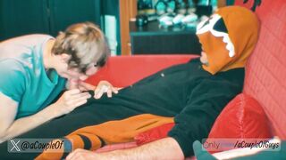 Blowjob while my furry friend chills in his tanooki PJs thick cock down my throat