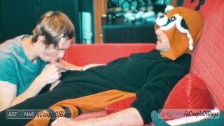 Blowjob while my furry friend chills in his tanooki PJs thick cock down my throat