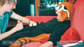 Blowjob while my furry friend chills in his tanooki PJs thick cock down my throat