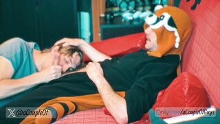 Blowjob while my furry friend chills in his tanooki PJs thick cock down my throat