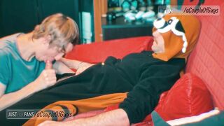 Blowjob while my furry friend chills in his tanooki PJs thick cock down my throat