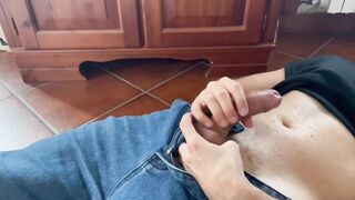 Horny guy jerks his big cock on jeans then blows massive cum all over his belly
