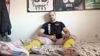Cum inside soccer socks and cleats choked on big white cock