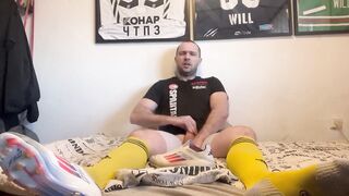 Cum inside soccer socks and cleats choked on big white cock