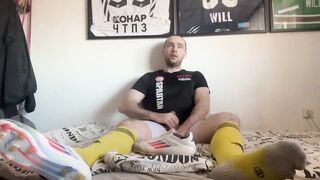 Cum inside soccer socks and cleats choked on big white cock