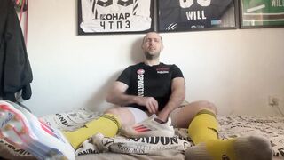 Cum inside soccer socks and cleats choked on big white cock