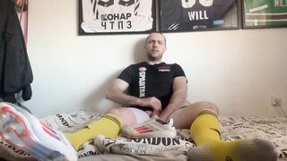 Cum inside soccer socks and cleats choked on big white cock