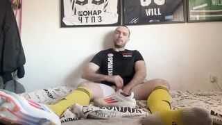 Cum inside soccer socks and cleats choked on big white cock