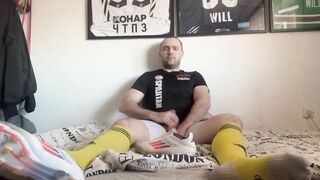 Cum inside soccer socks and cleats choked on big white cock