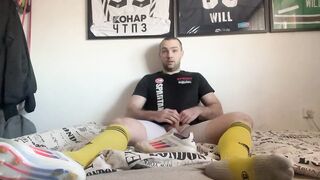 Cum inside soccer socks and cleats choked on big white cock