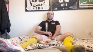 Cum inside soccer socks and cleats choked on big white cock