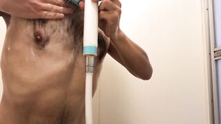 Hairy body washed raw small cock soaked in shower