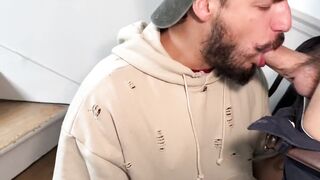 Samuel Hodecker deepthroats AndoliniXXL’s XXL cock on stairs barebacking cum inside