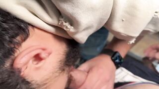 Samuel Hodecker deepthroats AndoliniXXL’s XXL cock on stairs barebacking cum inside