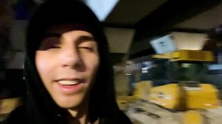 Twink gets caged then pounded hard in public at construction site with giant dildo
