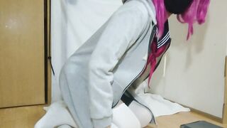 Japanese femboy destroys himself in school girl outfit with huge dildo