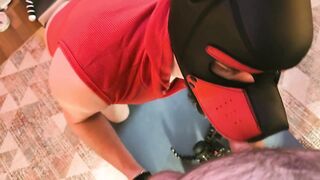 Obedient pup’s ass stuffed sloppy pup mask squeals while sucking raw cock