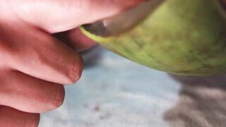 Jerking off until thick cum gushes on homemade aloe vera flesh