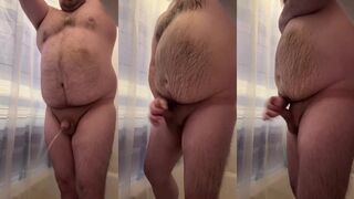 Solo jacking off thick hairy bear gushes thick cum