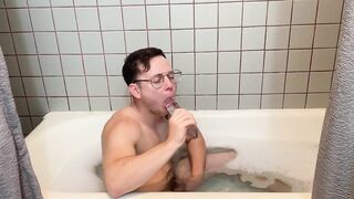 Twink ruins himself with thick glass dildo in bathtub fuck fest