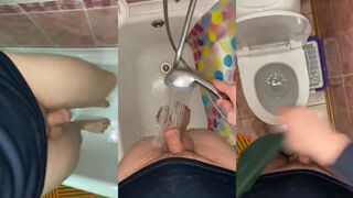 Gay white man pissing in college shower feet exposed dripping mess