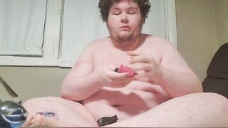 Fat man stuffed with toys gagged and blown full of cum
