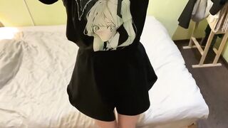 Skinny femboy jerks off in tight selfie cumshot on bed
