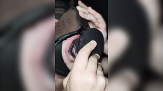 Gay pup deepthroats 25cm monster dildo till gags sloppy spit play