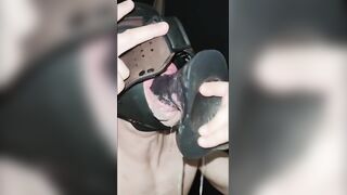 Gay pup deepthroats 25cm monster dildo till gags sloppy spit play