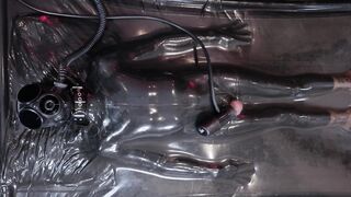 Vacuum bed ruined as rubber catsuited twink gets milky edge control