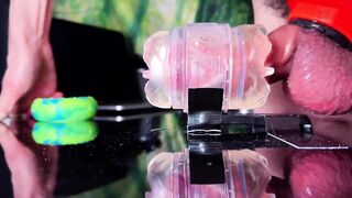 Hairy twink with a massive cock wrecks a Fleshlight on his desk tight hole slurp