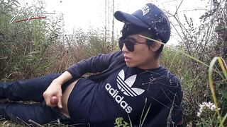 Asian Twink Jerks Smooth Cock Wet Outside French Rain Cumshot