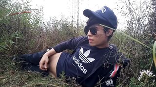 Asian Twink Jerks Smooth Cock Wet Outside French Rain Cumshot