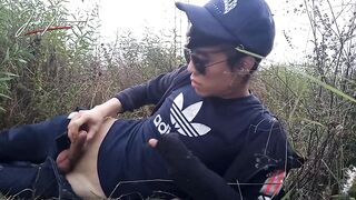 Asian Twink Jerks Smooth Cock Wet Outside French Rain Cumshot