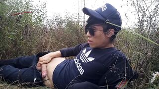 Asian Twink Jerks Smooth Cock Wet Outside French Rain Cumshot