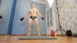 Muscular hunks destroy floor push-ups in tight speedo