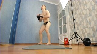 Muscular hunks destroy floor push-ups in tight speedo