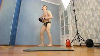 Muscular hunks destroy floor push-ups in tight speedo