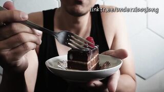 Asian birthday boy's cum drenched cake topping slurped raw