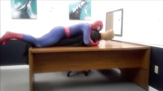 Spiderman ravages office bound gay robber in wet spandex