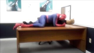 Spiderman ravages office bound gay robber in wet spandex
