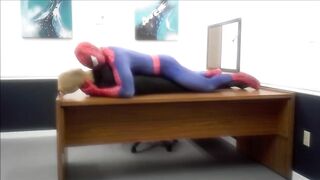 Spiderman ravages office bound gay robber in wet spandex