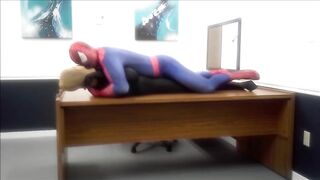 Spiderman ravages office bound gay robber in wet spandex
