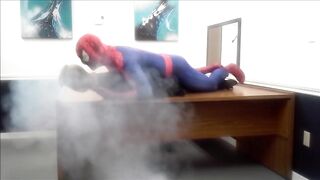 Spiderman ravages office bound gay robber in wet spandex