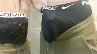 Two twinks jerk thick uncensored cocks and spray thick cum shots all over each other