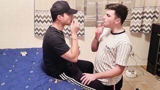 Smoking and fucking my gay boy bareback until he’s choked on my cum