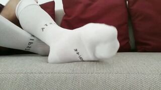 White socks flexing dominating hairy feet with gay master toe wiggling