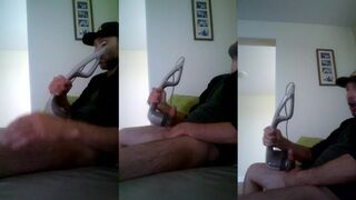 Solo gay daddy vibrates huge dick to massive cumshot