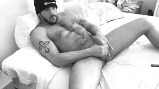 Black and white stud jerks off thick arms cumming in hd