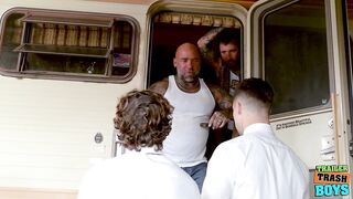 Bald silver daddy jason feeds thick cock deep inside eddie's tattooed ass raw bareback